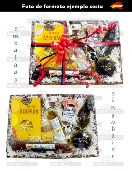 Cesta detalle con varios productos gourmet desde arriba