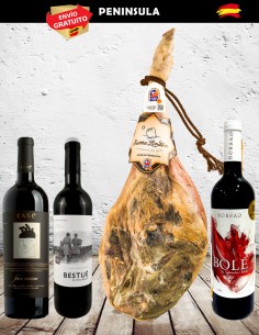 lote jamón con vino care marimu, bestue joven y bole